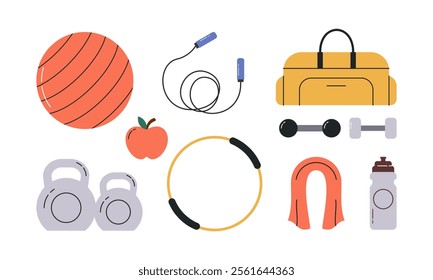 Set of Hand Drawn Fitness Equipment Flat Design Illustration. Collection of Different Gym Exercise Tools
