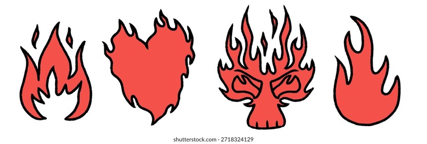 Conjunto de elementos de fogo desenhados à mão. Ilustração de vetor plano