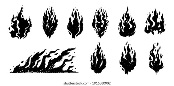 Set of hand drawn flames, isolated on white background.