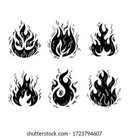 Set Of Hand Drawn Flames. Vector Set Of Fire Silhouettes.