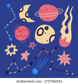 Set of hand drawn flat cartoon space element - rocket, planets and stars isolated on blue.