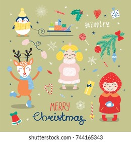 Set of hand drawn flat Christmas design elements with cute cartoon princess, penguin, sledge with gifts, deer, little girl, typography Merry Christmas, Winter. Isolated objects. Vector illustration .