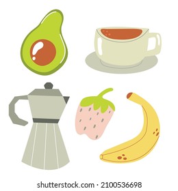 Set of hand drawn flat elements of breakfast. Coffee, fruits.
