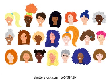  handgezeichnete, flache weibliche Gesichter verschiedener Rassen, Nationalitäten und Altersgruppen mit unterschiedlichen Emotionen.  Mädchen und Frau Avatar für soziale Netzwerke. der Kopf des Charakters. Freude, Traurigkeit, Wut, Überraschung.