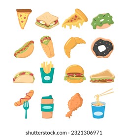 Set of hand drawn flat junk food illustration collection