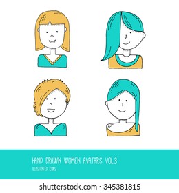 Set of Hand Drawn Flat Line Design People Icon avatars for Social Network and Your design. Women Vol. 03 - Vector Illustration