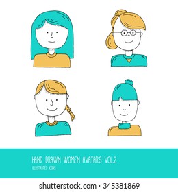 Set of Hand Drawn Flat Line Design People Icon avatars for Social Network and Your design. Women Vol. 02 - Vector Illustration
