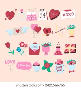 Set of hand drawn flat valentine's day elements collection
