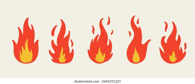 Set of hand drawn flat vector fire flames. Cartoon bonfire.