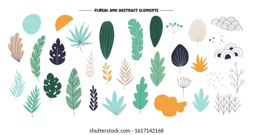 Set of hand drawn floral and abstract elements. Multicolor leaves and geometric doodles. Different shape leaf in flat style kit. Number of cartoon botanical drawings for decoration. Vector isolated