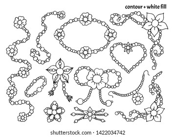 Set of hand drawn floral accessories, frames and borders in doodle style with black contour and white fill. Isolated decorative vector illustration with flowers and pearls or beads