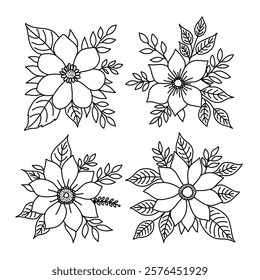 A Set of Hand Drawn Floral Arrangements Outline Flowers and Leaves Bouquet