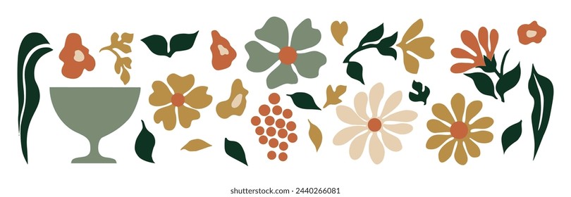 Set of hand drawn floral art design elements.