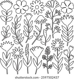 set of hand drawn floral, black and white flower doodles, botanical line art illustration