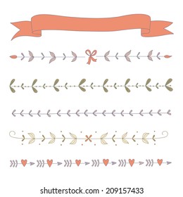 Set of hand drawn floral border elements and a ribbon. EPS 10. No transparency. No gradients.