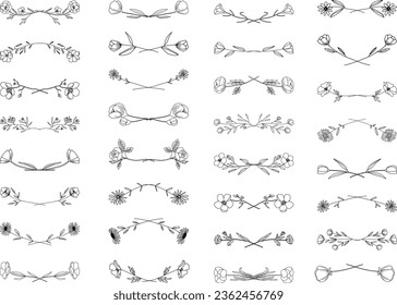 Set of hand drawn floral borders in minimal line art style, floral text dividers for label, corporate identity, wedding invitations and cards