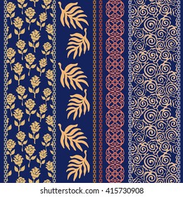 Set of hand drawn floral borders with bohemian motifs. Seamless roses pattern, scrolls, palm leaves, geometric ornament. Vintage textile collection. Golden, silver shadows on black.
