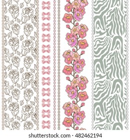 Set of hand drawn floral borders with bohemian motifs. Blooming sakura, seamless zebra skin pattern. Vintage textile collection. Golden, silver shadows on white.
