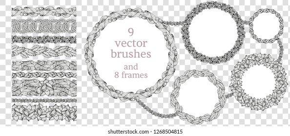 Set of hand drawn floral brushes abstract wreath with round hand drawn decorative elements on zentangle style. Vector illustration.