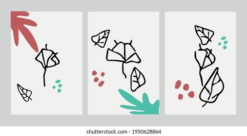Set of hand drawn floral cards. Flower, leaf and botanical vector design elements with vivid colors.