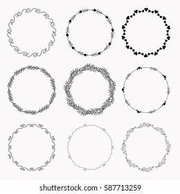 Set of hand drawn floral circle frames. Doodles style. vector illustration. Decorative isolated elements, border, label for text. Ink collection of symbols.