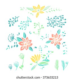 Set of hand drawn floral compositions and elements