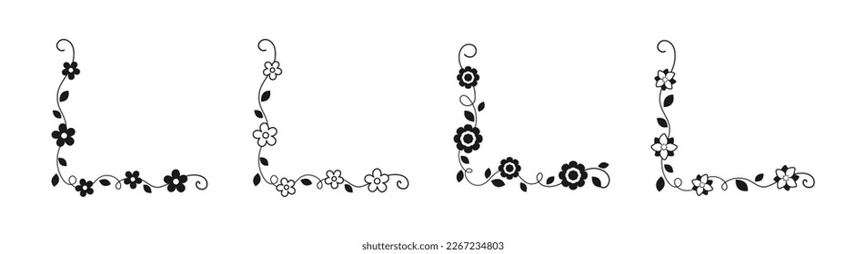 Set of hand drawn floral corner borders. Spring flower page decoration vector illustration.