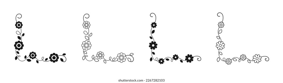 Set of hand drawn floral corner borders. Spring flower page decoration vector illustration.