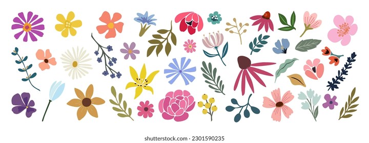 Conjunto de elementos de diseño floral dibujados a mano, formas abstractas. Flores silvestres y de jardín, hojas. Ilustraciones modernas de arte botánico vectorial en colores brillantes y modernos aislados en fondo blanco