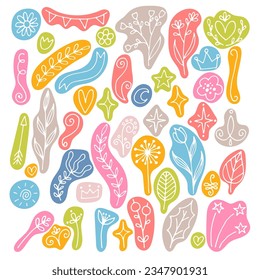 Conjunto de elementos de diseño floral dibujados a mano. Flores, ramas, estrellas. Pegatinas de doodle. La decoración es rústica. Ilustración del vector