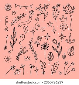 Conjunto de elementos de diseño floral dibujados a mano. Flores, ramas, estrellas. Pegatinas de doodle. La decoración es rústica. Ilustración del vector