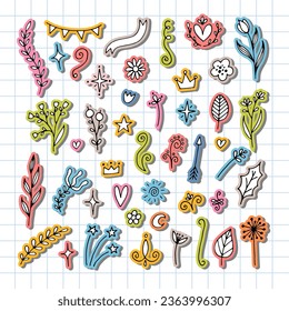 Set of hand drawn floral design elements. Flowers, branches, stars. Doodle stickers. Rustic decor elements. Vector illustration