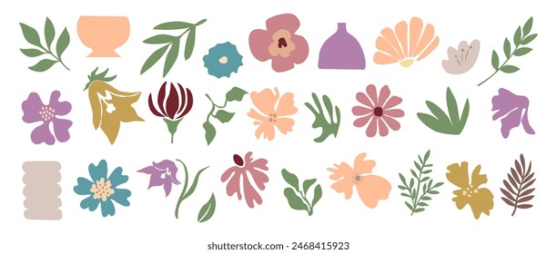Set of hand drawn floral design elements, abstract shapes, leaves. Contemporary modern vector botanical art illustrations in trendy peach fuzz color palette isolated on white background.