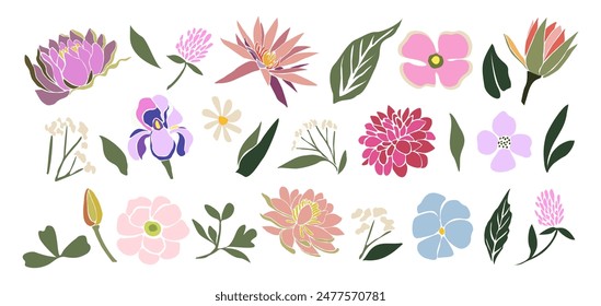 Conjunto de Elementos de diseño florales dibujados a mano, Formas abstractas. Flores silvestres y de jardín, hojas. Ilustraciones modernas del arte botánico del Vector moderno en colores brillantes de moda sobre fondo blanco.