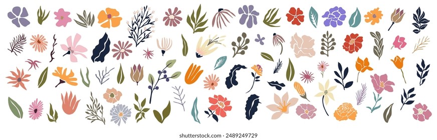 Set of hand drawn floral design elements, abstract shapes. Wild and garden flowers, leaves. Contemporary modern vector botanical art illustrations in trendy bright colors isolated on white background.