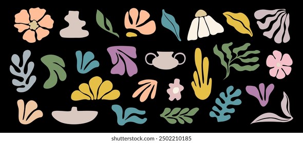 Set of hand drawn floral design elements and abstract shapes. Wild and garden flowers, leaves, algae. Contemporary modern vector art illustrations in trendy danish pastel colors on black background.