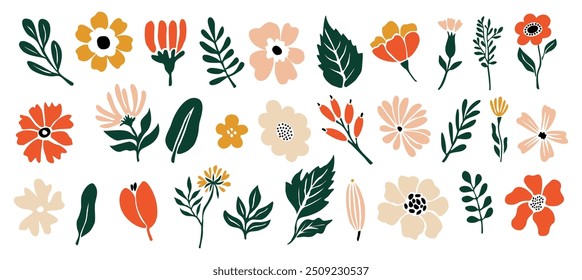 Set von handgezeichneten floralen Design-Elemente, abstrakte Formen. Wilde und Gartenblumen, Blätter. Zeitgenössische moderne Vektorgrafiken botanischer Kunst in trendigen hellen Farben auf weißem Hintergrund.