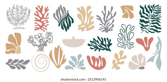 Set of hand drawn floral design elements and abstract shapes. Wild and garden flowers, leaves, algae. Contemporary modern vector art illustrations in trendy danish pastel colors on white background.