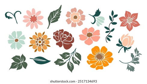 Set of hand drawn floral design elements, abstract shapes. Wild and garden flowers, leaves. Contemporary modern vector botanical art illustrations in trendy bright colors on white background.