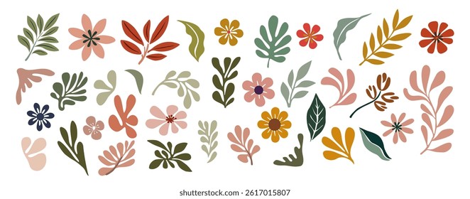 Set of hand drawn floral design elements, abstract shapes. Wild and garden flowers, leaves. Contemporary modern vector botanical art illustrations in trendy bright colors on white background.