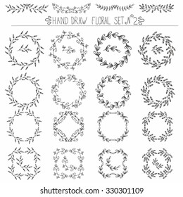 Set of hand drawn floral design elements -   corners, frames, curls, wreaths. Easy move any element.