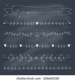 Set of hand drawn floral elements on blackboard. EPS 10. Transparency. No gradients.