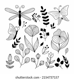 Set  hand drawn floral elements. Butterfly and dragonfly in doodle style. Collection of botanical icons. Vector illustration. Postcard design.