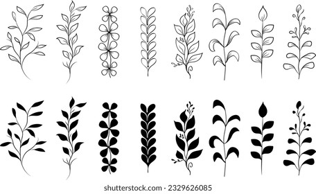 set of hand drawn floral elements design. botanical vector. flower set.