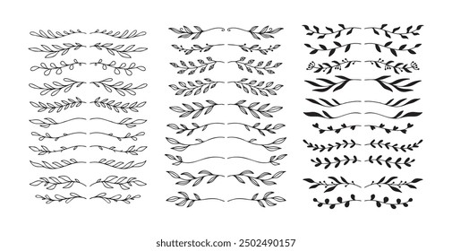 Set hand drawn floral elements isolated doodle line style. Outline silhouette branches. Vector illustration