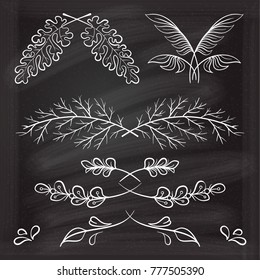 Set of hand drawn floral elements on the chalkboard.