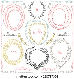 Set  of hand drawn floral frame and  lines border in retro style. Pastel backdrop. Illustration vector. Hand drawn floral set. Pastel backdrop. Illustration vector.