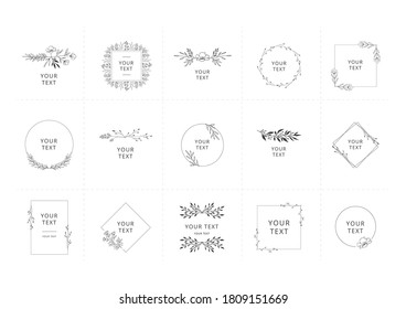 Set of hand drawn floral frames and decorative elements. Vector isolated illustration.