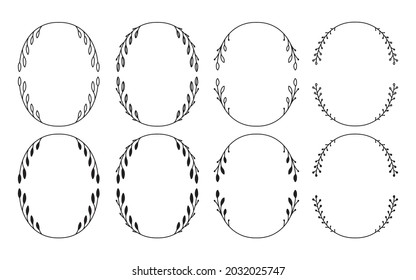 Set of hand drawn floral frames isolated on white background, vector. Silhouette and outline frames of leaves. Doodle style.