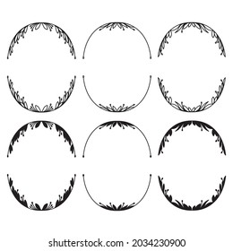 Conjunto de marcos florales dibujados a mano aislados en fondo blanco, vector. Silueta y armazón de hojas. Estilo Doodle.